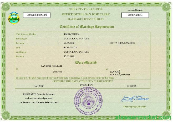 Costa Rica marriage certificate Word and PDF template